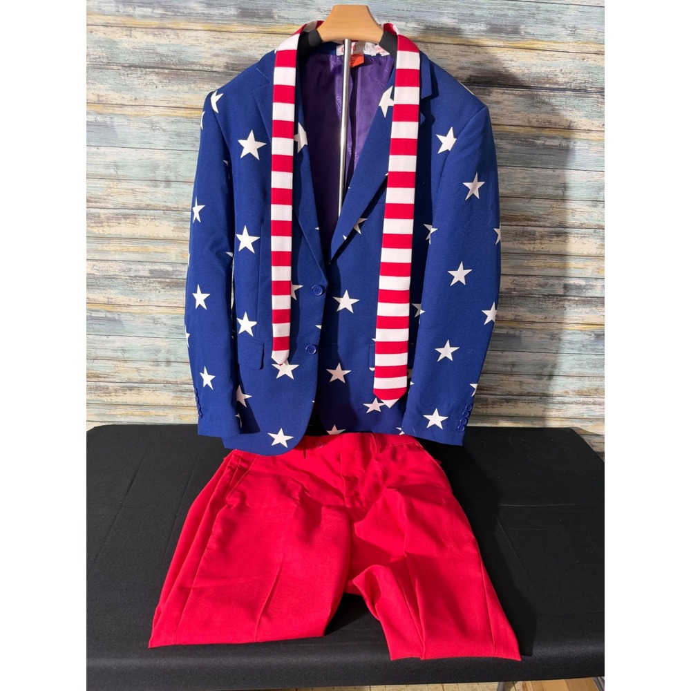 OppoSuits Patriotic USA Flag Suit Set 38 Blue Red Stars Stripes Excellent